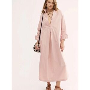 Free people Eva long‎ pink shirt dress XS Oversized, pockets, deep v